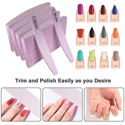 Nail Files (100 Pcs), 100/180 Grit Nail File Emery Board Bulk for Acrylic Nails and Natural Nails, Limas para Unas Acrilicas Profesional Pack Filers for Gel Nail Double Sided Manicure Curved Gray - size: 100 Pcs Halfmoon 100/180 Grit