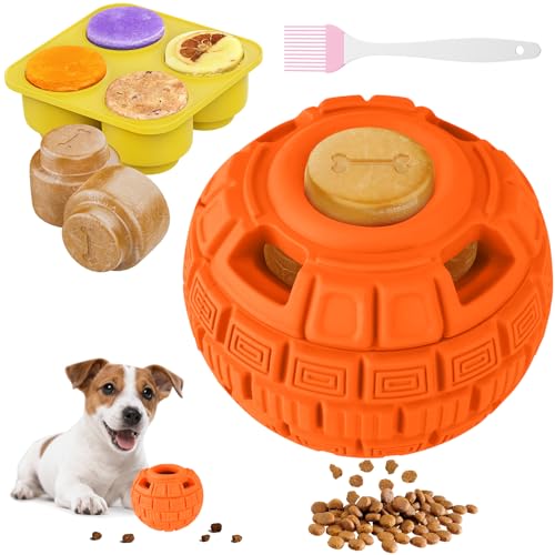 Interactive Dog Frozen Treat Toys, Dog Puzzle Enrichment Ball to Keep Them Busy, Slow Food Training, Durable Rubber Chew Dispensing Toy, Freezable Fillable Ball, for Small Medium Large Dogs (Orange) - color: Orange