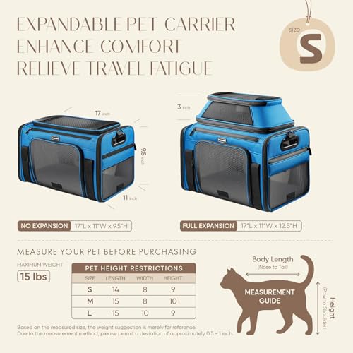 Top-Expandable Pet Carrier with Treat & Pet Window,17x11x9.5 Inch Alaska Hawaiian Airline Approved,Soft-Sided Dog Carrier for Small Dogs and Cats,Travel Cat Carrier with Locking Safety Zippers,Blue - color: Blue, size: 17.0"L x 11.0"W x 9.5"H