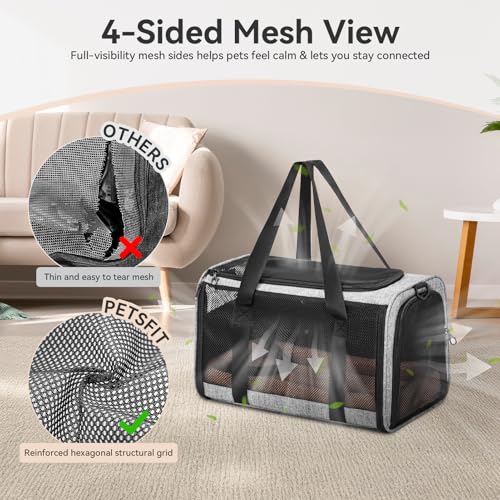 PETSFIT Soft-Sided Cat Carrier with Patented Safety Buckles, Lockable Zippers & Safety Tether,Escape-Resistant Travel Pet Carrier for Car Rides & Vet Visits, Airline Approved Under-Seat, Up to 12 lbs - color: Gray, size: 18.0"L x 11.0"W x 11.0"H