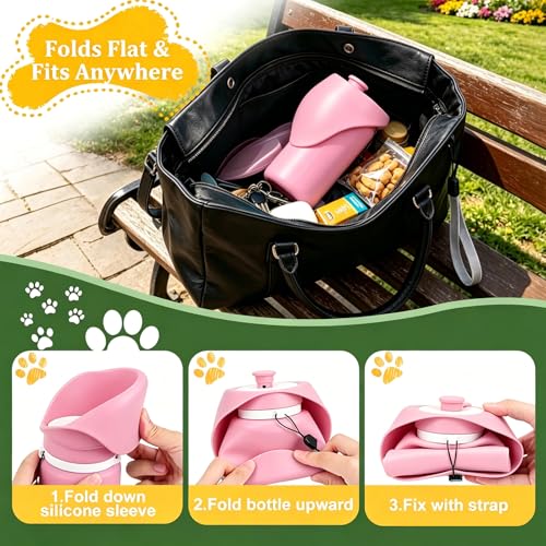 2 in 1 Foldable Dog Water Bottle, Leakproof Portable Pet Dispenser, Water Bottle Dog Bowl, Collapsible Food Grade Silicone Puppy Bottles, Lightweight Foldable for Travel Walking Caming (Pink) - color: Pink
