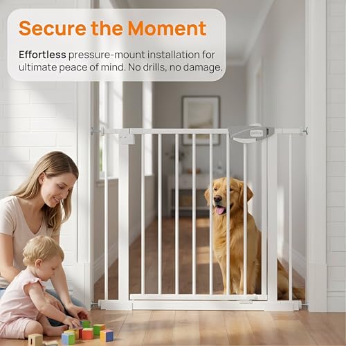Safety Gate for Stairs & Doorways, Auto-Close Baby Gate or Dog Gate – Pressure Mount No Drilling, 30" Tall All Metal Frame with Dual Locking System (White, 30" Tall 29"-39" Wide) - size: 30"Tall 29"-39" Wide