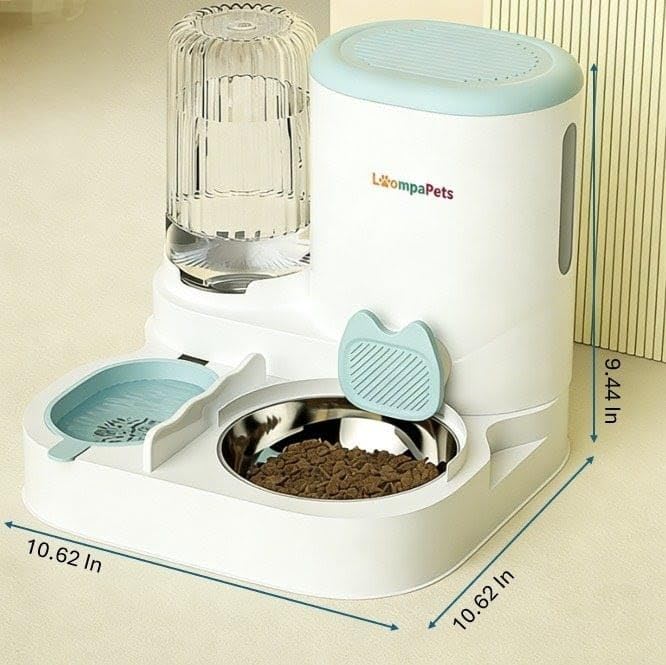 Automatic Cat Feeder and Water Dispenser, 1.1L Cat Dry Food Dispenser with Stainless Steel Bowl, 800ml Gravity Water Dispenser with Filter for Small Dog Cats Kitten Puppy