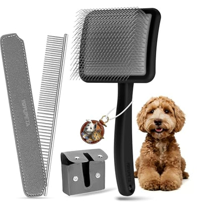 Large Dog Slicker Brush, 2 PCS Doodle Grooming Brush Kit with Comb, Black | With two leather protective covers; ideal for Goldendoodles, Poodles, Labradoodles; extra long pin; premium wooden handle. - color: Black