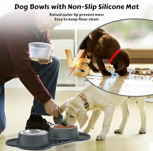 AsFrost Dog Food Bowls Stainless Steel Dog Food & Water Bowl Set with No Spill Non-Skid Silicone Mat, Dog Dishes Pet Feeding Bowls for Small Medium Large Sized Dogs Cat Puppy Food Bowl, Grey, 4 Cup - color: Grey, size: 4¾ Cup/38 oz each