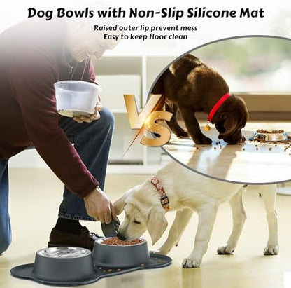 AsFrost Dog Food Bowls Stainless Steel Dog Food & Water Bowl Set with No Spill Non-Skid Silicone Mat, Dog Dishes Pet Feeding Bowls for Small Medium Large Sized Dogs Cat Puppy Food Bowl, Grey, 4 Cup - color: Grey, size: 4¾ Cup/38 oz each