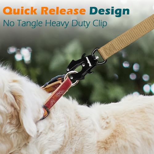 PetBonus Heavy Duty Tactical Dog Leash, 5 FT Bungee Shock Absorption Leash with 2 Padded Handles, Quick Release Metal Clip, Car Seatbelt, No Pull Training Lead for Large Medium Dogs（Khaki） - color: Khaki