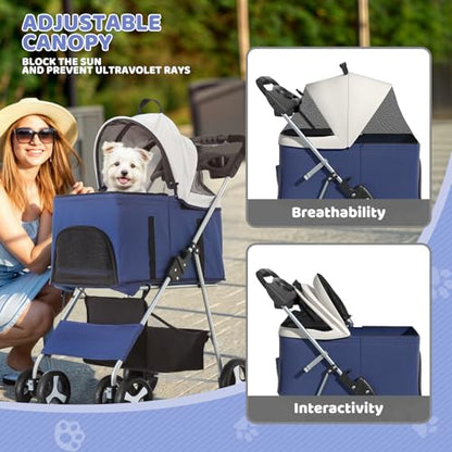 Magshion Foldable Pet Stroller, 3-in-1 Dog Travel Jogger with Detachable Carrier, Cup Holder, Storage Basket, Folding Carrier for Small/Medium Dogs & Cats Up to 33 lbs, Navy Blue - color: Navy Blue, style: Up to 33 lbs