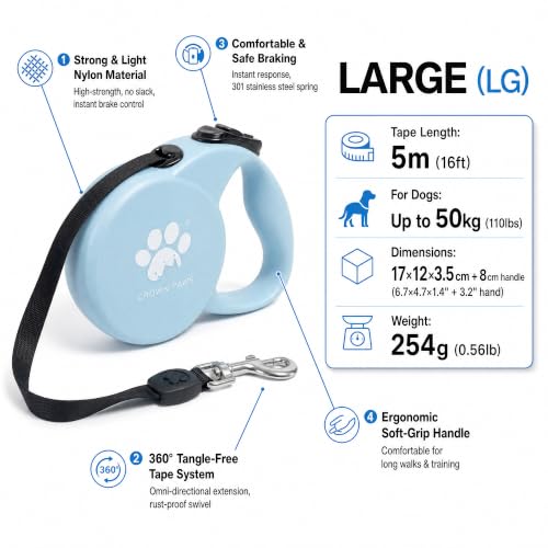 Chew Proof Retractable Dog Leash for Large Dogs, 16ft Heavy Duty Dog Lead with Anti-Chewing Steel Wire Rope, Tangle-Free 360° Swivel, One-Hand Brake & Lock, Blue L - color: Blue, size: Large