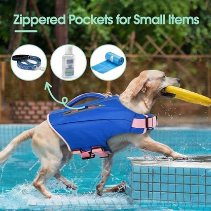 Kuoser Dog Life Jacket, Reflective Swim Vest with Rescue Handle | High Flotation, Rescue Handle, Adjustable, Reflective,2 Storage Pockets, Pool Lake Boat Beach, Small Medium Large, Easy Wear - color: Blue, size: XS (Chest Girth:12.9-18.1'')