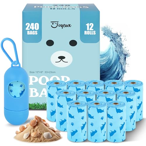Joyeux 240 Count Ocean Scent Dog Poop Bags Rolls,with Dispenser,Leak-Proof Large Doggie,Extra Thick Poop Bag for Dogs,Cats Litter Bags,Blue Trash Bags for Doggy Pets Bolsa de Popo de Perro - color: Blue, size: 240 Count (Pack of 1)