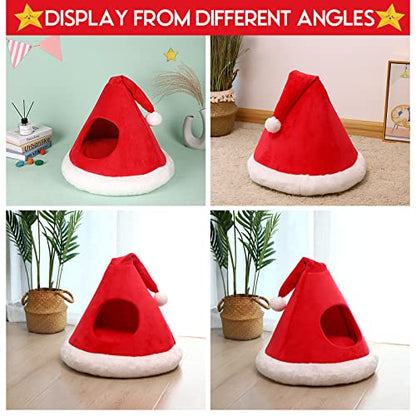 NIBESSER Cat Bed Christmas Hat Cat Tent House Self-Warming 2 in 1 Removable Comfortable Triangle Pet Teepee Xmas Dog Cave in Winter (Red)