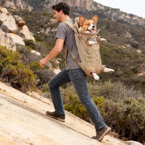 FLAdorepet Dog Carrier Tactical Backpack for Small Medium Dogs,Soft Hands-Free Legs Out Pet Front Cat Dog Carrier Backpack Travel Bag for Outdoor Traveling Hiking Camping (Large, Khaki) - size: Large(Pet 30-45LBS)