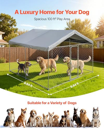 VEVOR Outdoor Dog Kennel, 9.84 x 9.84 x 7.05 ft Large Dog Kennel with Secure Lock, Outside Dogs Enclosures with UV-Resistant & Waterproof Roof Cover, Heavy Duty Pet Crate Cage Run for Large Dogs - size: 118.1"L x 118.1"W x 84.6"H