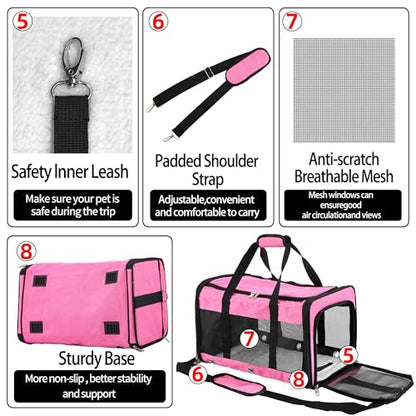 Soft Sided Cat/Dog Carrier,Collapsible Pets Travel Carriers for Pet/Puppy with Shoulder Strap & Removable Mat,Mesh Top Load Small Dogs/Cats Carry Bag Up to 17 Lbs TSA Airline Approved（Pink,M） - size: M Pink