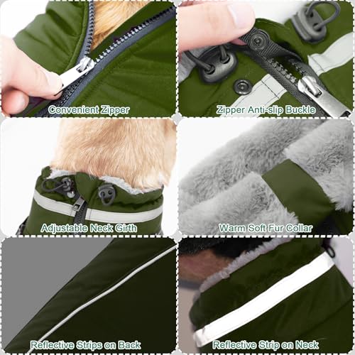 Fragralley Dog Coat with Harness Built in, Waterproof Windproof Reflective Warm Puffer Jacket, Fleece Lined Vest Winter Parka for Small, Medium, Large Dogs - color: Green, size: Large