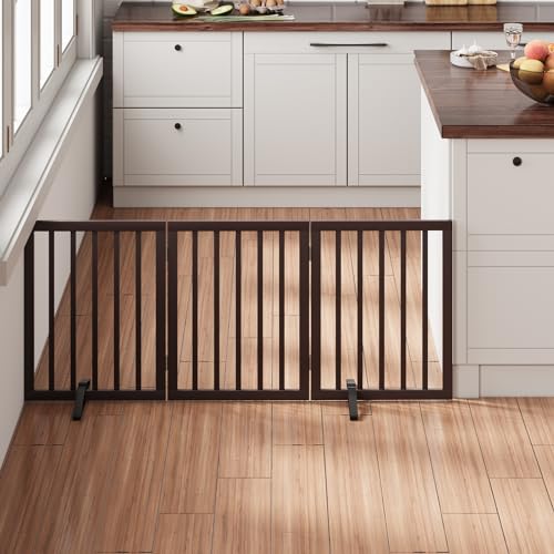 Brown 18-55" Wide Dog Gate, Bamboo Dog Gates for the House Doorways, Freestanding Pet Gates for Dogs, Doogie Puppy Fence Gate - color: Bamboo Dog Gate Brown, size: 3 Panel - 55 inches Wide