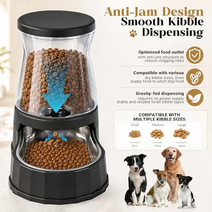 Automatic Dog Feeder and Water Dispenser with Stainless Steel Bowl, Dog Gravity Food Feeder and Waterer for Large Medium Pets 2.1 Gallon x 2 - size: 2.1 Gallon Set