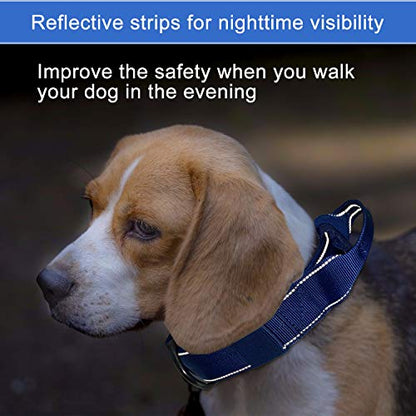 Reflective Dog Collar Heavy Duty Tactical with Control Handle and Metal Buckle for Dog Training(Large, Blue) - color: Blue, size: Large (Pack of 1)