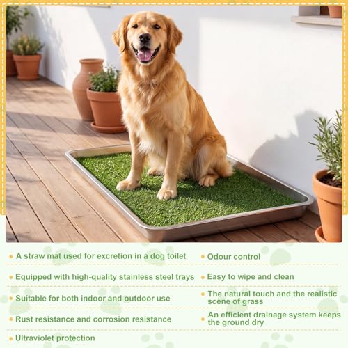 Mifoci 4 Pcs Dog Pee Tray, 31.5" x 19.6" Stainless Steel Dog Toilet, Comes with 2 Grass Mats and 1 Drainage Mat - Durable, Rust-Proof, Easy to Clean Toilet for Large Indoor Outdoor Use