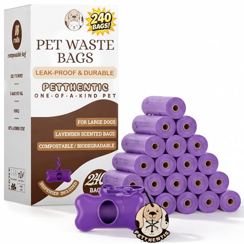 PETTHENTIC Biodegradable Dog Poop Bags with Leash Holder & Dispenser, 240 Count - Lavender Scented, Extra Thick Leak-Proof Cornstarch Waste Bags for Dogs, 16 Rolls, Eco-Friendly Compostable