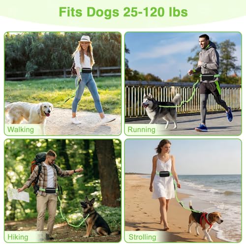 Hands Free Dog Leash with Zipper Pouch, Dual Padded Handles, Shock Absorbing Bungee Leash for Small Medium Large Dogs, Ideal for Walking Jogging Running Hiking (Green) - color: Green