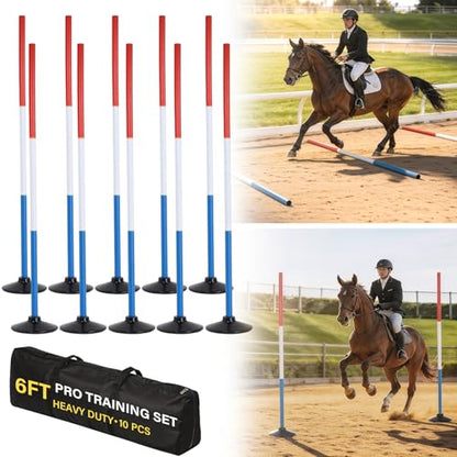 Neoaider 6 FT Pole Bending Poles for Horses, 10 Pack Agility Poles | 3-Color High Visibility, Heavy-duty Rubber Bases, Waterproof Carry Bag, Ideal for Equestrian, Soccer, Football, Pet Training