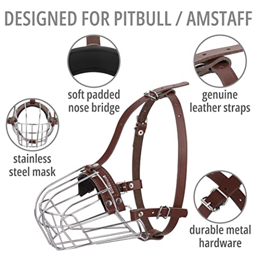BRONZEDOG Pitbull Dog Muzzle Breathable Metal Basket for Large Dogs Amstaff Staffordshire Terrier Biting Chewing Barking (Leather, Dark Brown) - color: Leather, Dark Brown