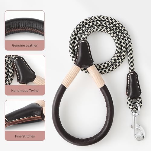 Mile High Life Dog Leash, Rope Leash with Genuine Leather Handle and Heavy Duty Metal Clasp, Great for Small Medium Large Dogs (Black Khaki, 4FT) - color: Leather Handle-Black Khaki, size: 48 Inch-1/2"