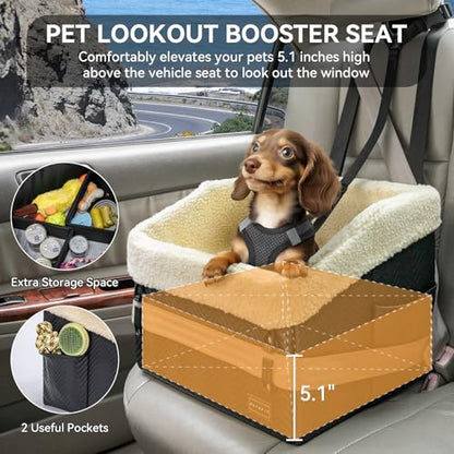 PETSFIT Small Dog Car Seat, Waterproof PU Leather Dog Booster Car Seat with Patented Safe Buckles, Detachable Washable Cushion, 2 Storage Pockets, Dog Car Seat Medium Sized Dog up to 30 lbs (Black) - color: Black