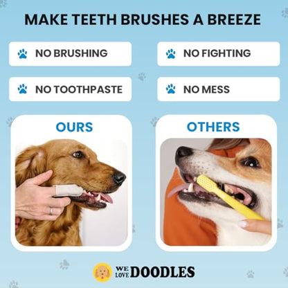 We Love Doodles 50pcs Dog Teeth Cleaning Wipes & Bath Brush Bundle - Dental Finger Wipes & Rubber Brush for Shower Scrubbing & Massage, 2 Pack