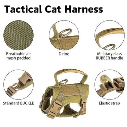 Tactical Cat Harness and Leash Set for Walking Escape Proof Adjustable Large Cat Vest Harness with Patches Soft Mesh Padding Rubber Handle Easy to Control (Khaki Harness & Leash)