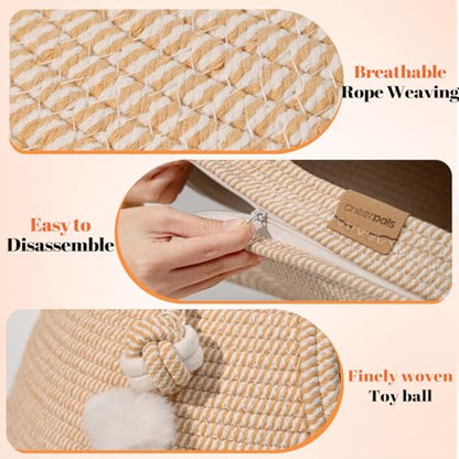 Cat Cave Bed with Washable Cushion and Ball, Handwoven Cotton Rope Cat Basket Bed for Indoor Cats Bed Covered, 3-in-1 Scratching, Playing & Sleeping, All Season Universal(White)
