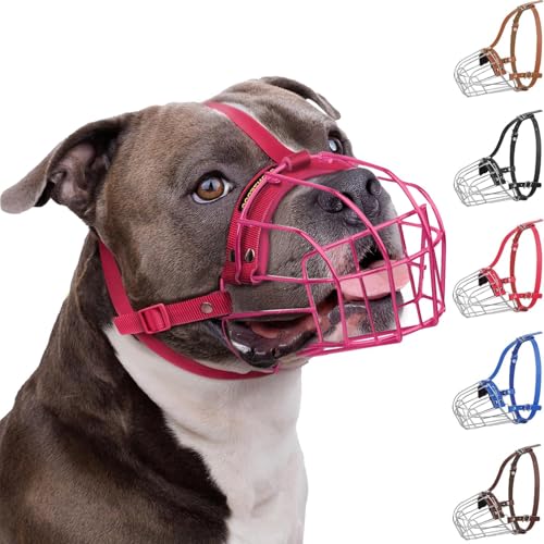 BRONZEDOG Pitbull Dog Muzzle Breathable Metal Basket for Large Dogs Amstaff Staffordshire Terrier Biting Chewing Barking (Nylon, Pink) - color: Nylon, Pink