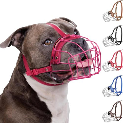 BRONZEDOG Pitbull Dog Muzzle Breathable Metal Basket for Large Dogs Amstaff Staffordshire Terrier Biting Chewing Barking (Nylon, Pink) - color: Nylon, Pink