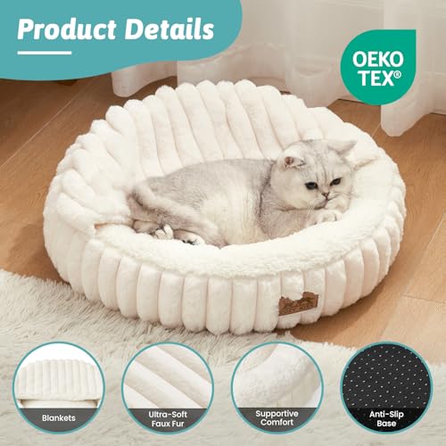 COZY KISS Hooded Blanket Cat Bed – 20"x20" Round Fluffy Donut Cuddler for Cats & Toy Dogs, Anti-Anxiety Faux Fur Pet Bed, Machine Washable with Non-Slip Bottom, Cream - color: Cream, size: 20"×20"×6"