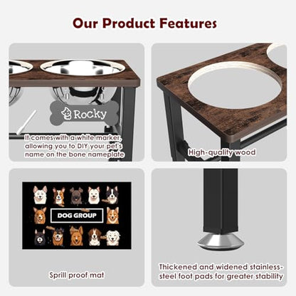 SHAINFUN Elevated Dog Bowls with Slow Feeder & Mat for Medium and Large Dogs, 12" Tall Adjustable Wooden & Metal Raised Dog Bowl Stand, 2 Stainless Steel 58oz Bowls for Food & Water - color: Brown-1.7L
