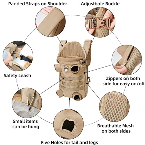 FLAdorepet Dog Carrier Tactical Backpack for Medium Large Dogs,Soft Hands-Free Legs Out Pet Front Cat Dog Carrier Backpack Travel Bag for Outdoor Traveling Hiking Camping (Medium, Khaki) - size: 21.7"L x 7.5"W x 13.0"H