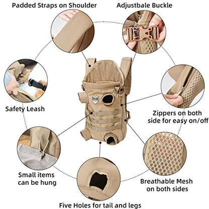 FLAdorepet Dog Carrier Tactical Backpack for Small Medium Dogs,Soft Hands-Free Legs Out Pet Front Cat Dog Carrier Backpack Travel Bag for Outdoor Traveling Hiking Camping (Large, Khaki) - size: Large(Pet 30-45LBS)