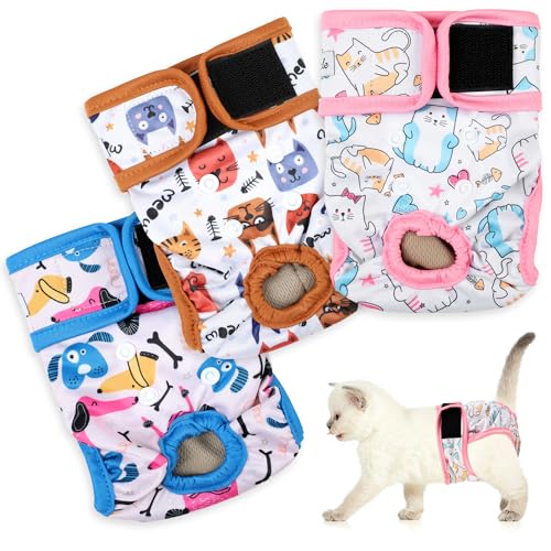 Reusable Cat Diapers 3 Pack with Good Absorbency Kitten Diapers for Female Cats Small& Male Cat Easy to Put on Adorable Secure Fit L - color: cat-1, size: Large（14"-17"Waist）