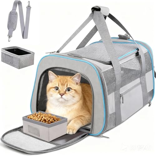 Soft-Sided Cat Carrier for Pets Up to 15lbs, Airline Approved Under-Seat Travel Carrier, 17x12x11 Inch, TSA Approved with Collapsible Bowl, Breathable Mesh & Removable Pad, Lightgrey - color: LightGrey