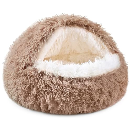Calming Plush Dog Bed, Hooded Cave Style, PP Cotton Filling, for Small and Medium Pets (Brown, Small)