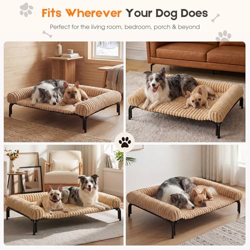 Elevated Dog Bed with Removable Fluffy Pillow Cushion, Raised Pet Cot Washable Bolster, Dog Couch Sofa, Anti Slip Feet, Breathable Mesh, Khaki, 49"×36" - color: khaki, size: XL(49"×36"×8")