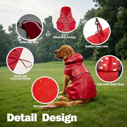 Kimee Dog Raincoat Reversible, Single Side Slicker Poncho Adjustable Waterproof Dog Rain Jacket with Leash Hole/Reflective Stripe Hooded Snowproof Windproof Clothes for Small to 3X-Large Dogs, XL - color: Red, size: X-Large