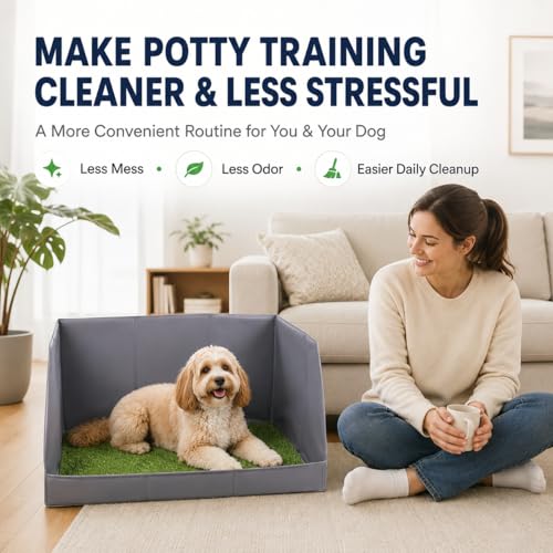 Dog Potty Tray with High Walls and Artificial Grass, 32" x 21"x 16"Foldable Indoor Dog Toilet,Waterproof Dog Pee Pad Holder with Leakproof Liner, Portable Pet Litter Box for Small Medium Dogs