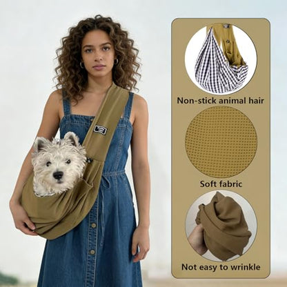 Dog Slings for Small Dogs,Soft and Breathable Waffle Fabric,Puppy Essentials,Reversible Dog Sling with Organizer Pocket,Suitable for Small Dogs and Cats,Pink,Khaki - color: khaki