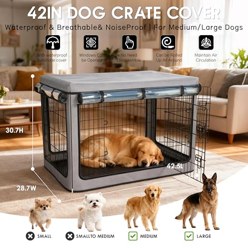 Dog Crate Cover, Heavy Duty Waterproof Abrasion-Resistant and Scratch-Resistant Knife-Scraped Fabric with Breathable Mesh & Detachable Sunshade, Dog Cage Cover Universal Fit for Wire Crates (42-Inch) - size: 42.0"L x 42.0"W x 42.0"H
