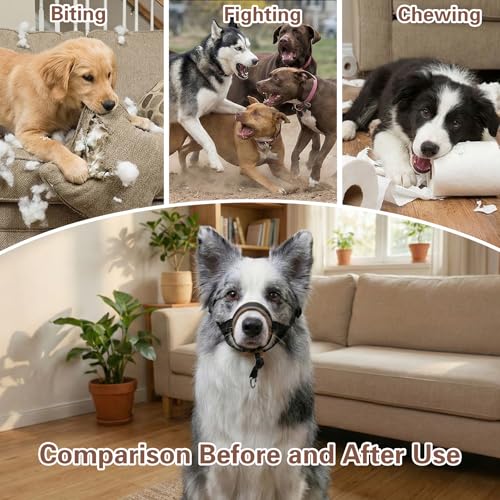 Dog Muzzle,Adjustable Loop Pets Muzzle Soft Leather Protect Skin Puppy Muzzles Prevent Biting Chewing Barking Allow Panting Drinking,Not Include Dog Collar (Khaki, Small) - color: Khaki, size: Small