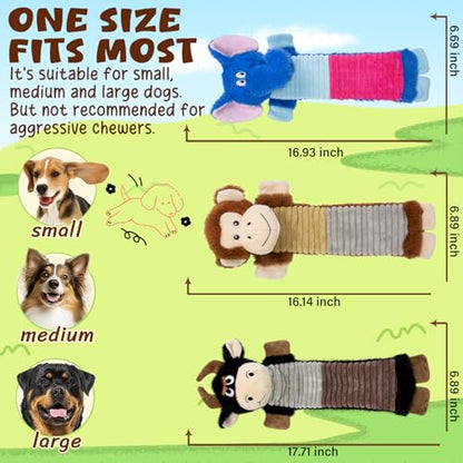 No Stuffing 3 Pack Dog Squeaky Toys,Dog Chew with Crinkle and Squeaker, Cute Animal Plush to Keep Them Busy, Suitable for Large to Small Breeds - color: Blue,balck,khaki
