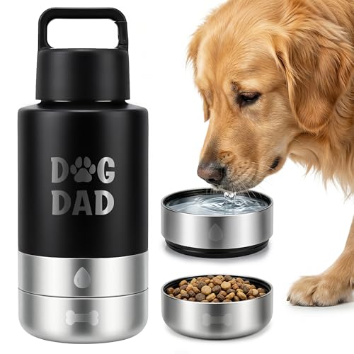 Dog Water Bottle 32oz, Insulated Stainless Steel Travel Water Dispenser with 2 Detachable Dog Bowls for Food and Water, Leak Proof Portable Pet Drinking Cup for Walking Hiking Camping - color: black dog dad